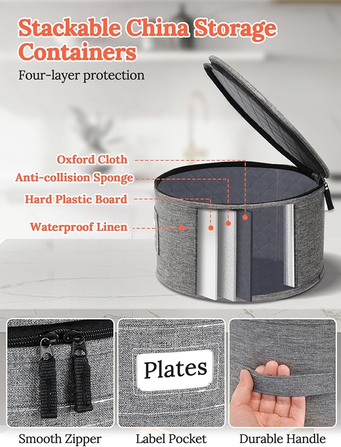 Cirhy Hard Shell Plate Storage Containers 4-Piece Set - Reinforced Hard-Sided Moving Boxes for Dinner Plates, Bowls & Saucers - Stackable Dish Packing Protectors with 48 Felt Dividers