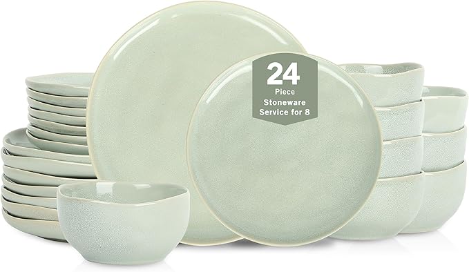 Stone Lain Mirella 24-Piece Dinnerware Set Stoneware, Plates and Bowls set, Microwave and Dishwasher Safe, Dish Set for 8, Light Green