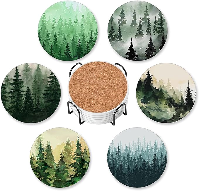 6 Pcs Drink Coasters with Holder, Watercolor Landscape Pine Forest Absorbent Round Ceramic Coaster for Tabletop Protection,for Coffee Cup Beverage Coasters Wine Beer Bar