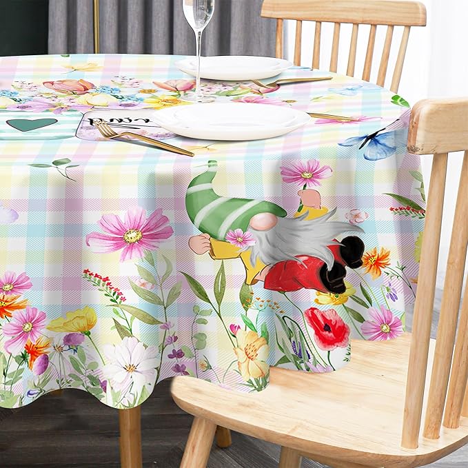 Spring Tablecloth Round, 70 Inch Gnome Flowers Buffalo Check Plaid Kitchen Table Cover for Dining Room Indoor Decor