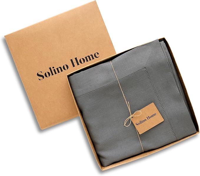 Solino Home Linen Tablecloth 60 x 90 Inch - Classic Hemstitch 100% Pure Linen Steel Gray Table Cloth for Rectangle Tables - Machine Washable Tablecloth for Spring