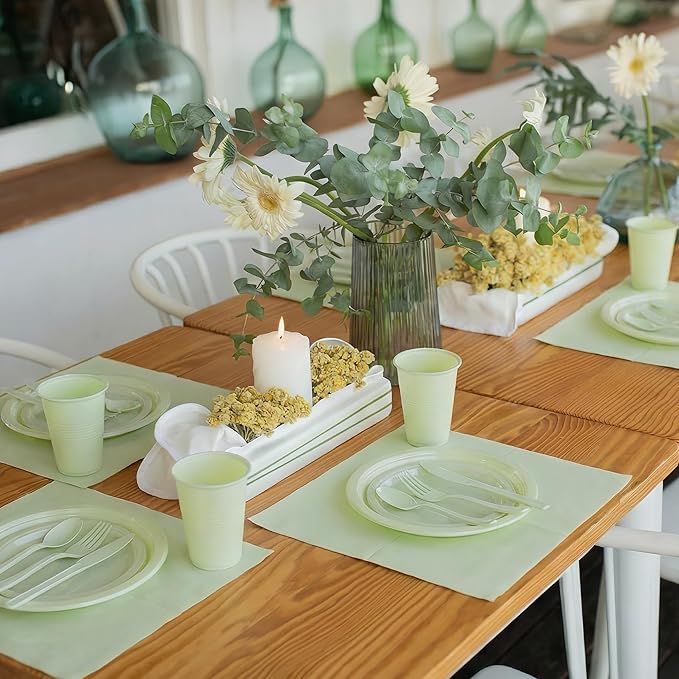 Kochorie 240 Pieces Sage Green Plastic Dinnerware Set Disposable Heavy Duty Plates Napkins Cups Silverware Dessert Dinner Plates for Birthday Wedding Baby Shower Party Supplies, Serves 30 Guests