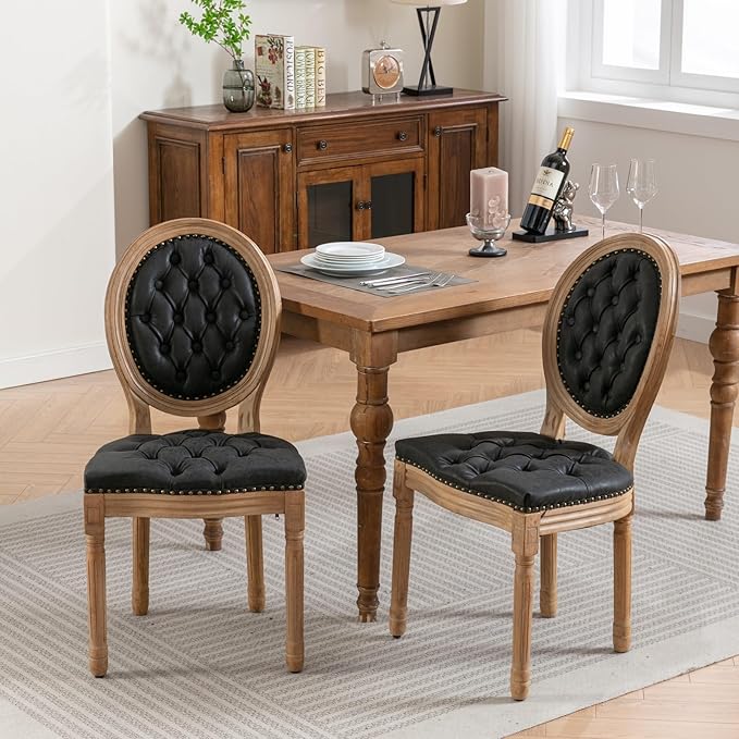 Vintage French Dining Chairs Set of 4, Round Back PU Leather Upholstered Side Chairs with Nailhead Trim and Solid Wood Frame, Sillas de Comedor for Dining Room & Kitchen, Black