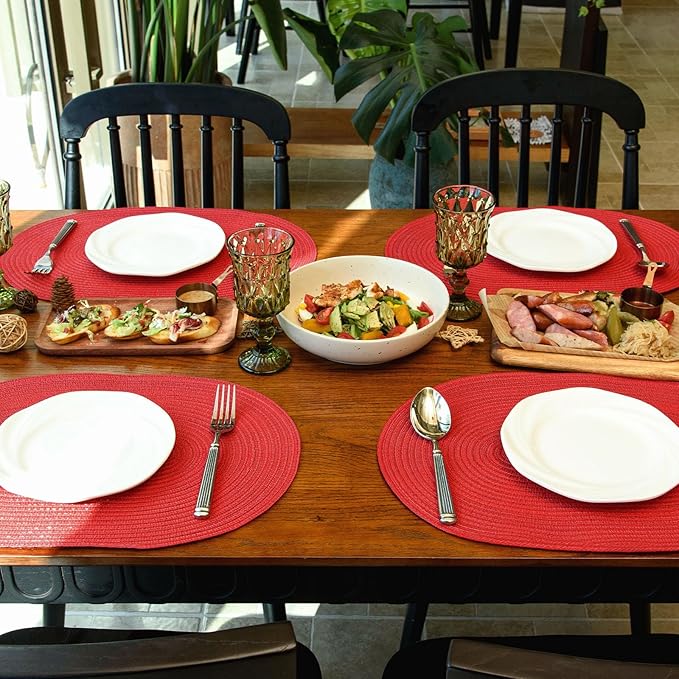Noctiflorous Oval Braided Placemats Set of 8 Woven 12x18 Inch Non Slip Washable Heat Resistant Place Mats Round Tablemats for Dining Kitchen Party Daily Table Decor Dinner Mats (Red Shine, 8)