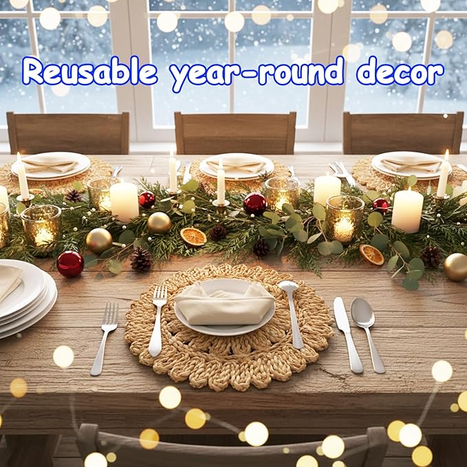 13.8" Round Corn Husk Placemats | Boho Woven Rattan Table Mats | Natural Spring Farmhouse Plate Chargers | Handmade Rustic Wicker Place Mats for Christmas Wedding (Set of 8)