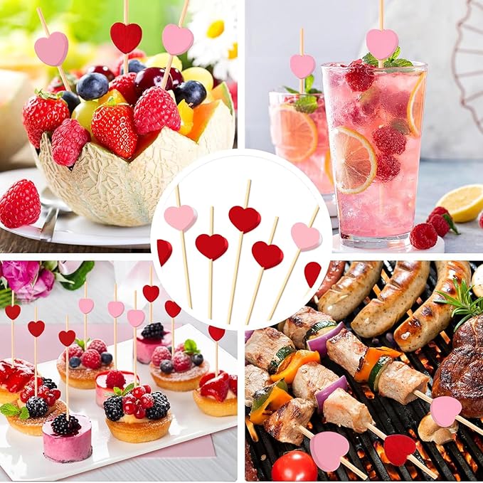 120 PCS Red Love Heart Shaped Cocktail Picks, 4.7Inch Bamboo Fancy Toothpicks for Appetizers, Cocktail Skewers Sticks Selected for Weddings, Valentines Day, Desserts, Charcuterie, Food, Drinks