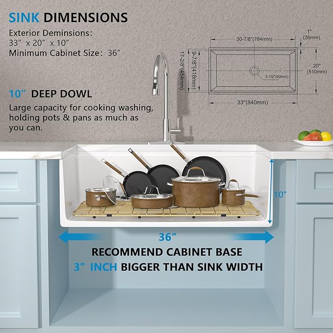 33 White Farm Sink Workstation - Fulorni 33 Inch Farmhouse Kitchen Sink Workstation with Slide Ledge Apron Front Reversible White Ceramic Porcelain Fireclay Single Bowl Farmer Style Basin