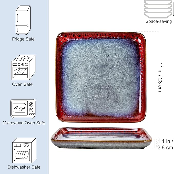 HENXFEN LEAD Square Ceramic Dinner Plates 11 Inch – Large Stoneware Serving Plates Set of 4 for Steak, Pasta & Salad, Microwave & Dishwasher Safe – Reactive Glaze Red