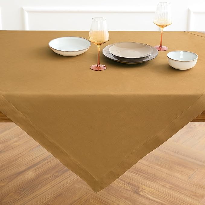 Solino Home Linen Tablecloth 52 x 52 Inch - 100% Pure Linen Caramel Square Tablecloth - Fete, Machine Washable Table Throw for Spring, Easter