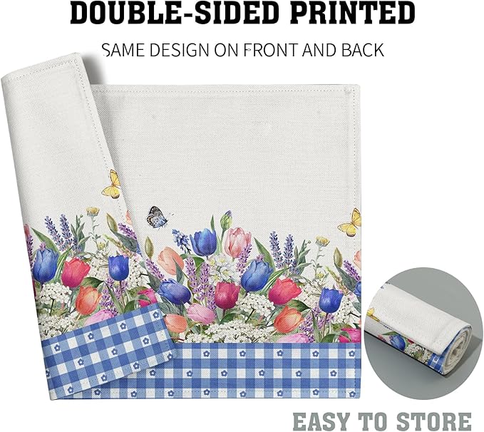Tulip Placemats - Spring Easter Place Mats Set of 4 Blue Floral Plaid Place Mat 12x18 for Party Kitchen Dining Home