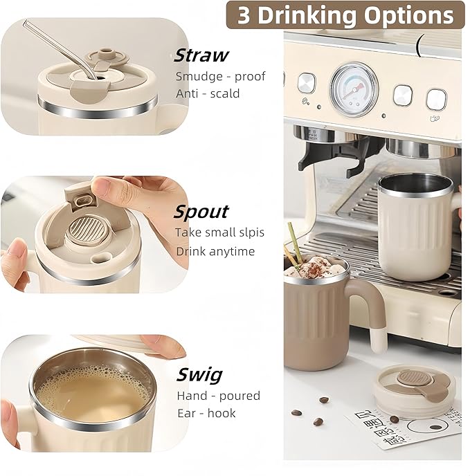 16oz Insulated Coffee Mugs - Ideal for Indoor Office Use. Features SUS 304 Inner, Double Wall Insulation, Detachable Silicone Ring. 3 Drinking Options. Available in White, Brown, Pink (White)