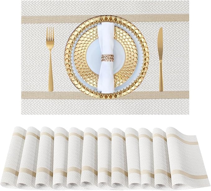 FAVE Placemats Set of 12 White Placemat Woven with Golden Thread Vinyl Placemats for Wedding, Banquet, Birthday, Party, Restaurant Decorations(White, 12"x18"-12PCS)