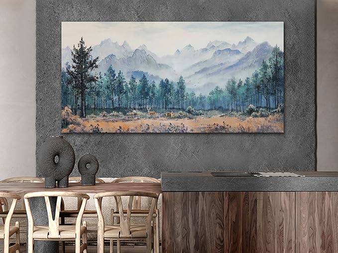 Anolyfi Foggy Forest Mountain Canvas Wall Art, Nature Tree Landscape Painting Textured Wall Decor for Christmas Gift Living Room Bedroom Dining Room Kitchen Office Home Decor 40"x20"