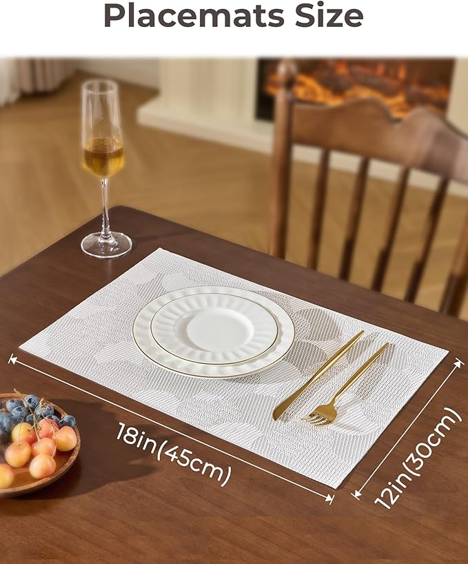 Leetaltree White Placemats Set of 6 - Heat Resistant Non-Slip Place mats for Dining Table, Washable Durable PVC Vinyl Woven Table Mats（White Circle, 6）