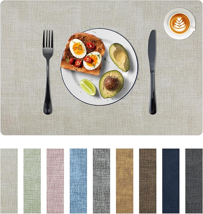 Placemats Set of 6 Faux Leather Heat Resistant Tables Mats Waterproof Oilproof Wipeable Reversible Anti-Slip Place Mats for Kitchen/Dining/Party/Outdoor 11.8" x 16.9", Cream White