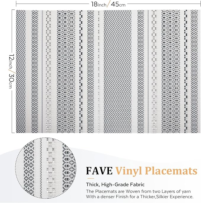 FAVE Boho Vinyl Placemats Set of 4, Durable Woven Place Mats Washable Heat Resistant PVC Table Mats for Parties,Weddings, Dining,Banquet(Gray, 4PCS)