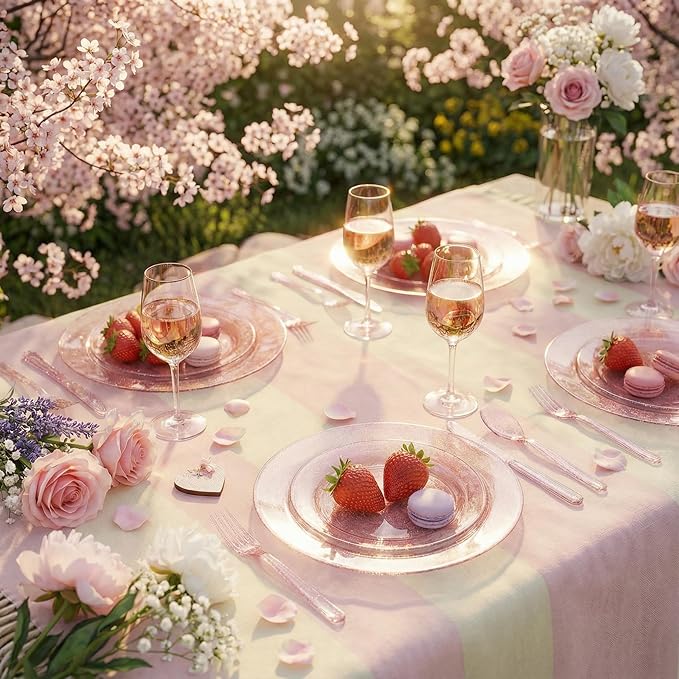 WDF 200PCS Pink Plastic Plates - Rose Gold Glitter Plastic Plates - Heavy Duty Pink Glitter Disposable Plates for Parties/Wedding/Valentine's Day