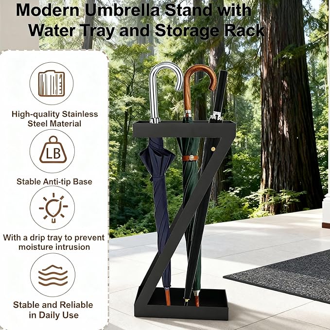 Modern Umbrella Stand with Drip Tray and Storage Shelf at The Entrance Foyer, Stylish Freestanding Umbrella Organizer, Indoor and Outdoor Umbrella Stand