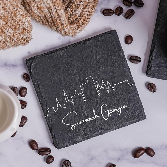 Blue Ridge Mountain Gifts - Savannah GA Skyline Coasters, Set of 4 - Savannah Georgia Souvenir, Slate Coasters with Minimalist Skyline, Housewarming Gift for Friends, Family, & Neighbors