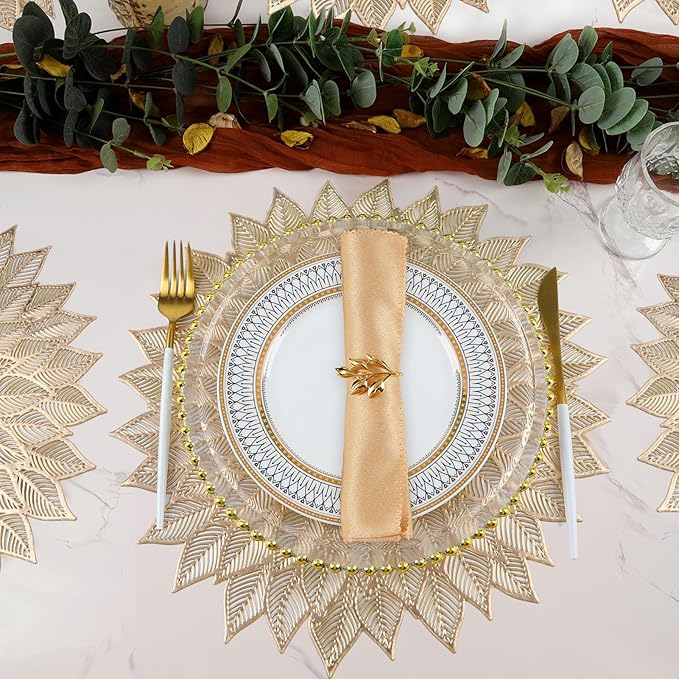 Placemats Set of 4, Round Hollow Out Flowers Place Mats for Dining Table Pressed Vinyl Blooming Leaf Table Mats for Holiday Party Wedding Accent Centerpiece Dinner Table Decoration (Gold)