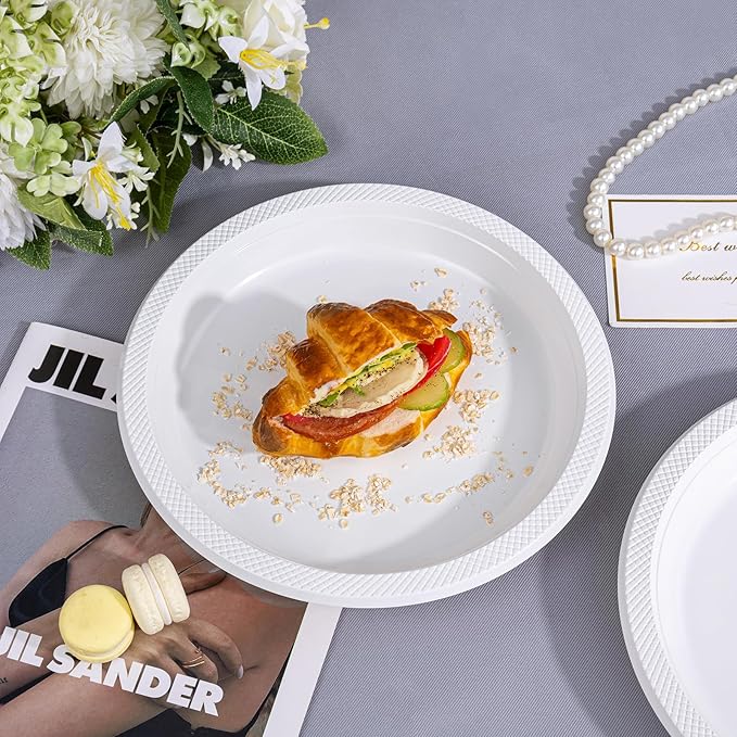 WELLIFE White Plastic Plates 10 Inch -150 Count for Party, Disposable Plastic Party Plates for New Year Wedding Dinner Birthday Engagement