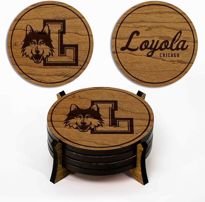 LazerEdge Loyola Ramblers Wooden Coaster Set - Cherry Wood - Officially Licensed Product - 4-Pack