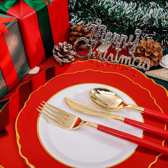 WDF 30Guest Red Plastic Plates - Gold Plastic Silverware With Red Handle - Red Plates Disposable- Baroque Plastic Dinnerware for Party Valentine's Day