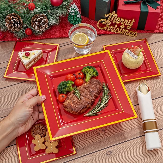 Liacere 100PCS Red and Gold Square Plastic Plates-50PCS Heavy Duty 9.5inch Disposable Dinner Plates and 50PCS 6inch Red Dessert Plate - Gold Plastic Plate for Party&Wedding&Valentine's Day