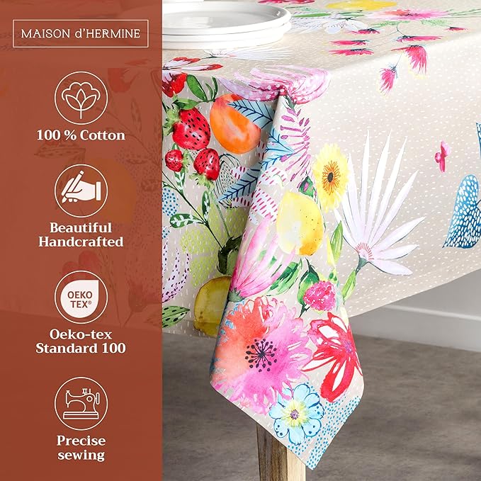 Maison d' Hermine Table Cloth Rectangle Table 100% Cotton 60 x 108 Inches Tablecloth Reusable Decorative for Dining Room Farmhouse Home Valentines Day Decorations Spring Summer - Jardin D'Ete - Fog
