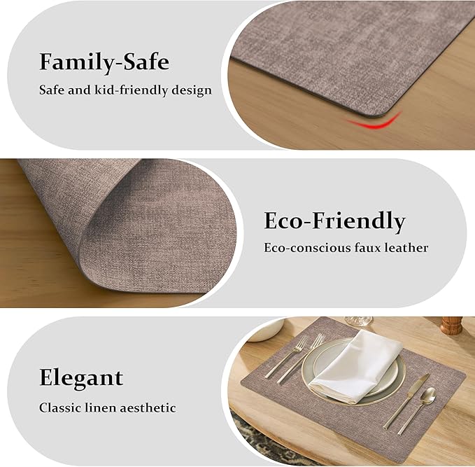 FROMHEART Faux Leather Placemats Set of 6–Waterproof,Heat/Oil Stain-Resistant PU Table Mat–Reversible,Non-Slip,Easy to Clean Place Mats for Kitchen,Dining,Indoor/Outdoor,(Dark Coffee,11.8" x 17")