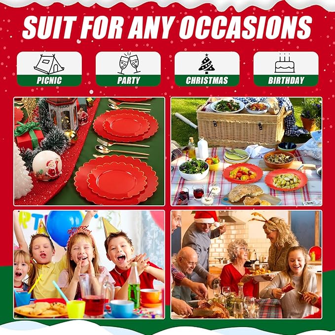 SUT 72Pcs Red Plastic Plates-7.5inch Dessert Plates with Gold Trim, Red Disposable Plates,Fancy plastic plate, Heavy Duty Plastic Plate for Wedding & Parties