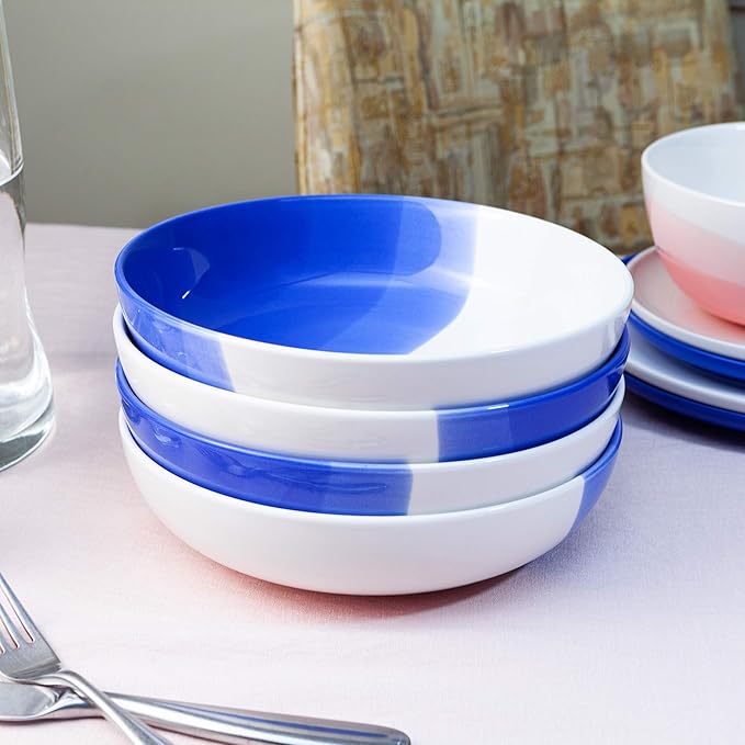 Ombre Porcelain Pasta Bowls, Ceramic Serving Bowls, Low Salad Bowls Set of 4-40 oz - Oia Blue - Ombre Dinnerware Collection