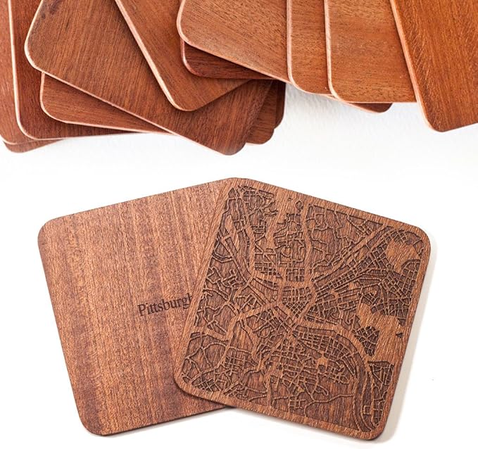 Pittsburgh Map Coaster by O3 Design Studio, Set Of 4, Sapele Wooden Coaster With City Map, Handmade