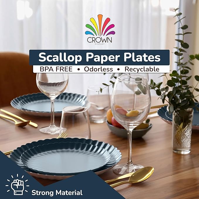 Trendables Scalloped Paper Plates 8.5 Inch & 10.5 Inch 80 Pcs Dinner Plate Set Fancy Disposable Plates for Party for 40 Guests 40 X 8 & 40 X 10 Large & Small Paper Plate Set for Parties Black Aqua