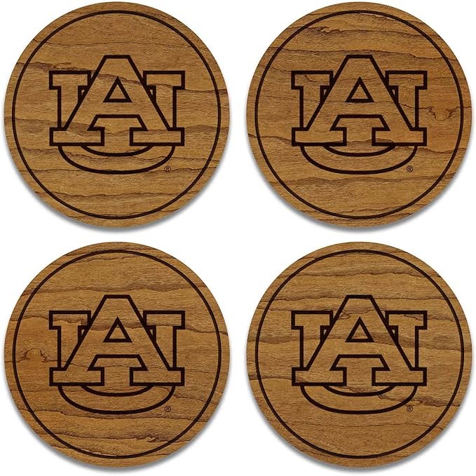 LazerEdge Auburn Tigers Wooden Coaster Set - Cherry Wood - Officially Licensed Product - 4-Pack