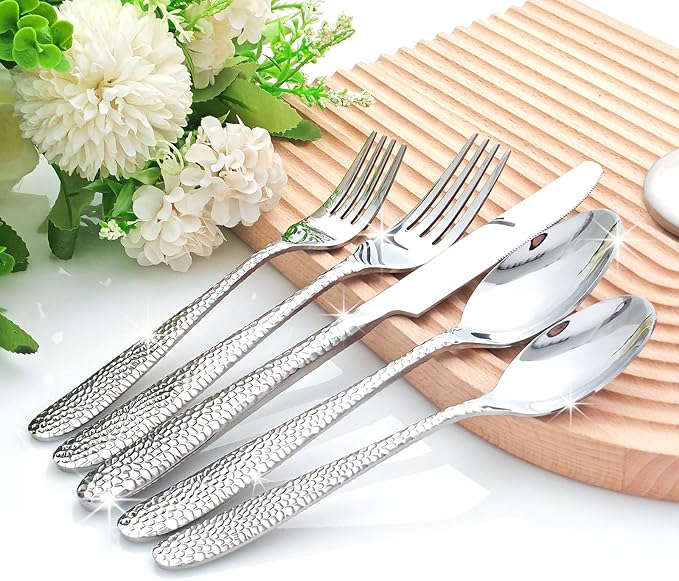 Hammered Silverware Set, CITESANA 20-Piece Heavy Duty Mirror Polished Stainless Steel Flatware Set Cutlery Set Flatware Service for 4