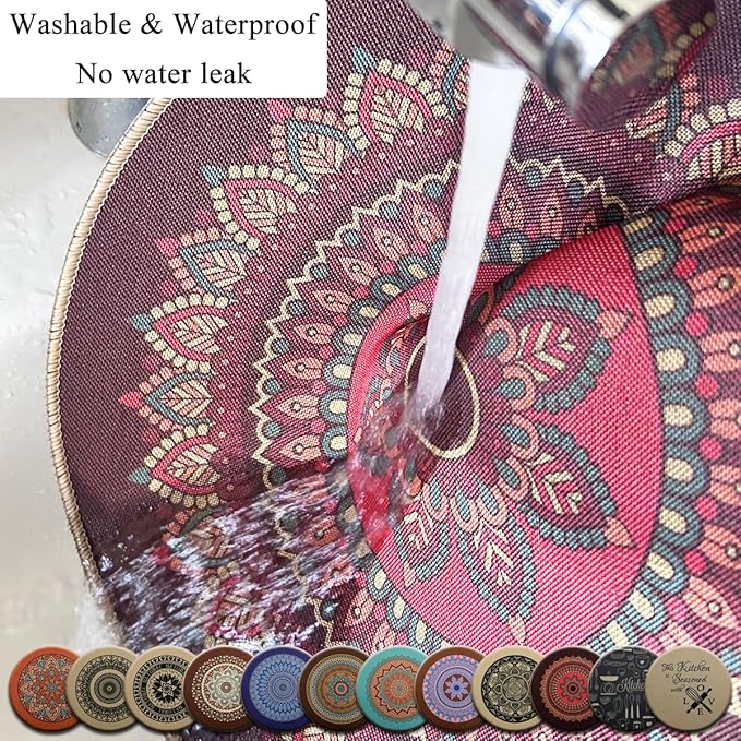 PIGCHCY Round Boho Placemats Set of 6, Rubber Heat Resistant Placemat, Waterproof Washable Table Mats for Dining Table Decoration (Brown)