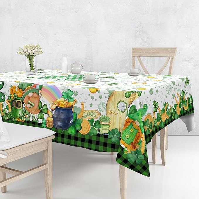St Patricks Day Tablecloth, St Patricks Table Cloth Rectangle 60 x 120 with Shamrock Gnome, Saint Patricks Day Oblong Tablecloth Buffalo Check Plaid Kitchen Table Cover for Dining Room Indoor Decor