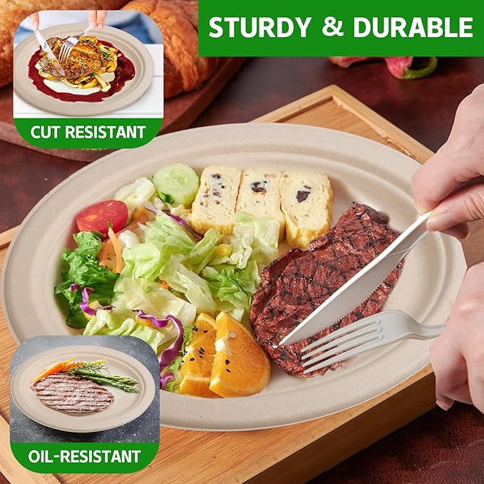 125 Pack Oval Paper Plates,10 Inch Disposable Paper Plates,Super Strong Oval Paper Dinner Plates,Compostable Biodegradable Sugarcane Plates for BBQ,Party,Picnic(Brown)