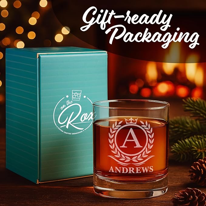 On The Rox Personalized Whiskey, Bourbon Glass Gifts for Men - 11 oz Engraved Name Monogram Scotch Glass - Customized Cocktail, Rocks, Brandy Glass Drinks (1)
