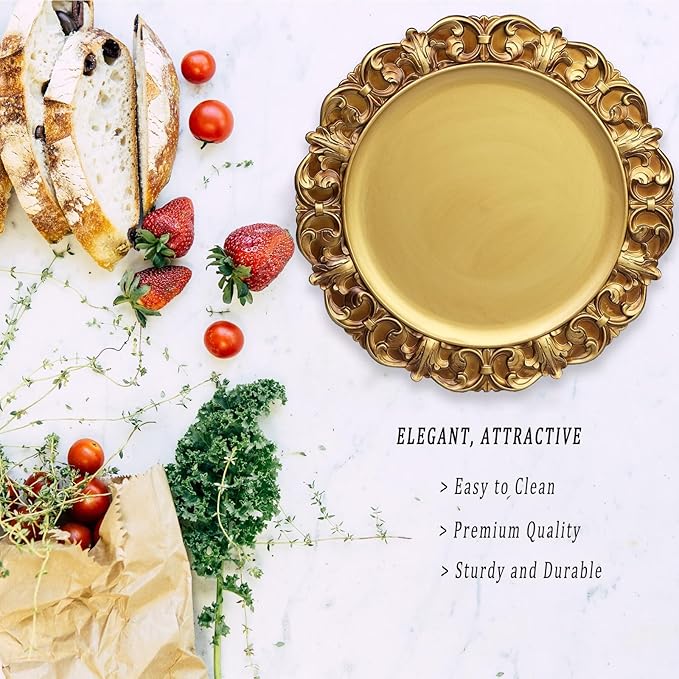 13" Antique Gold Charger Plates, Set of 6 Plastic Textured Chargers for Dinner Plates with Embossed Rim, Table Décor, Party, Wedding, Holiday