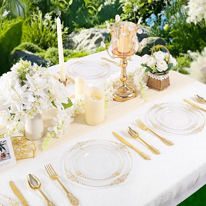 102PCS Clear Gold Plastic Plates - Clear Disposable Plates with Gold Rim - Clear Party Plate Include 51PCS Dessert Plates, 51PCS Dinner Plate for Weddings & Parties