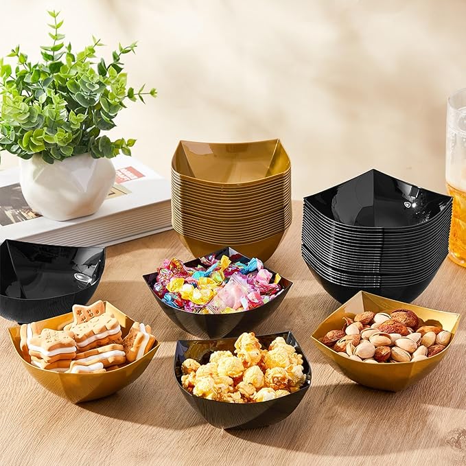 Sliner 100 Pcs Square Plastic Bowls Plastic Serving Bowls Disposable Chip Containers for Parties Snack Fruit Candy Containers for Candy Buffet Salad Bar Buffet Party Supplies (Gold,Black,8 oz)