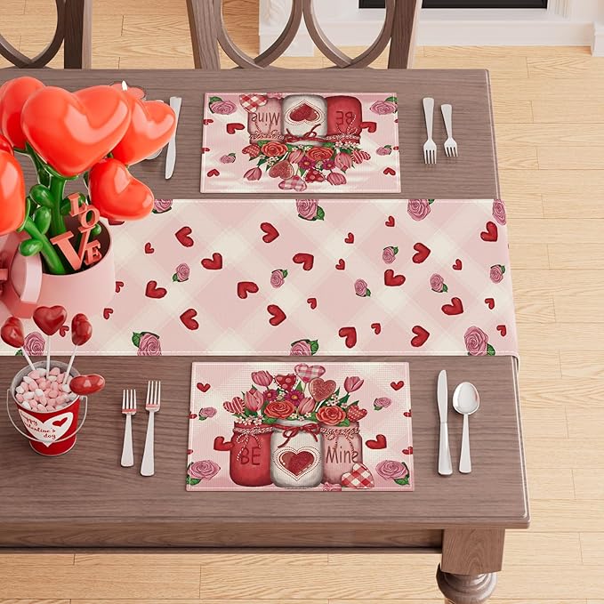XCHI Roses Flowers Love Hearts Vase Valentine’s Day Placemats Set of 8 Table Mats for Party Home Kitchen Dining Table Decorations 12x18 Inch