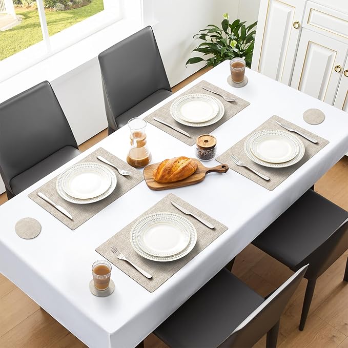 MOSAYT Placemats Set of 8, Heat Resistant Vinyl Place Mats with Coasters, Wipeable Washable 100% Waterproof Oil Proof Faux Leather Table Mats for Kitchen Dining Party Indoor Outdoor, 12" x 17", Beige