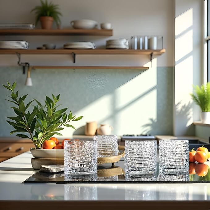 Glaver's DOF Set of 4 Clear 13oz Drinking Glasses Patent Crackle Textured Design Double Old Fashioned Whiskey Glasses Home Everyday Bar Glassware