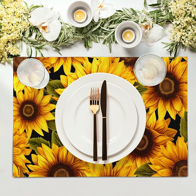 Sunflower Placemats Set of 4 - Yellow Flowers Place Mats Rectangle Spring Summer Floral Table Mats Botanical Blossom Placemats Dinner Party Decor 12x18 inch