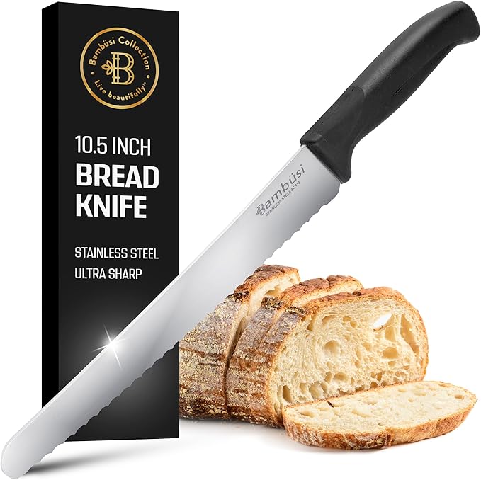 Bread Knife - 10 inch Serrated Stainless Steel Cutter with Non-Slip Handle for Sourdough, Artisan Loaves, Baguettes, Bagels, Cakes & Pastries - Long Serrated Kitchen Knife for Bread, Meat & Carving