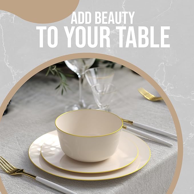 Trendables 24 oz Plastic Bowls Set - Fancy Serving Bowls - Perfect for Ice Cream, Salad, Candy - Disposable (10, Cream Gold Rimmed)