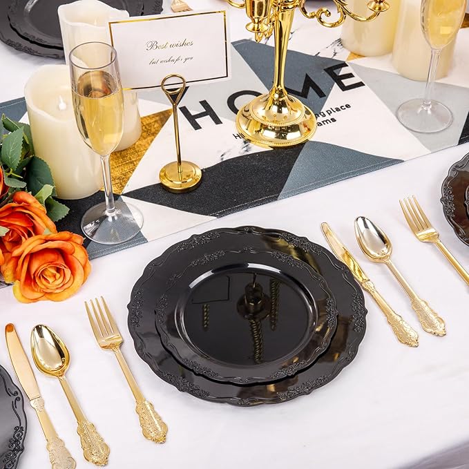 DaYammi 150Pcs Black Plastic Plates & Gold Plastic Silverware,Black Disposable Plates Set Include 30 Dinner Plate, 30 Dessert Plate,30 Golden Knives,30 Gold Forks,30 Golden Spoons for Party Wedding